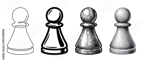 Set of four chess pawn illustrations showcasing different artistic styles from simple line art and graphic icon to detailed engraving and stippling techniques in a monochrome palette