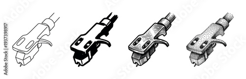 Turntable headshell with cartridge and stylus illustrated in four distinct black and white styles: line art, silhouette, engraved hatching, and pointillism stippling