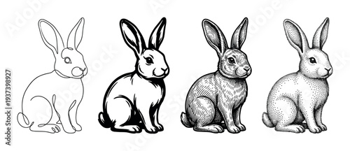 Set of four rabbit illustrations showcasing different artistic techniques, including minimalist one-line art, bold ink, vintage engraving, and detailed stippling dotwork