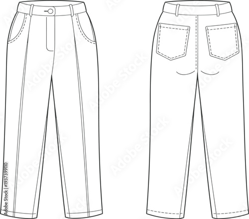 Flat vector CAD drawing of women’s high waist straight leg pants with front fly, topstitch pockets, back patch pockets, fashion illustration