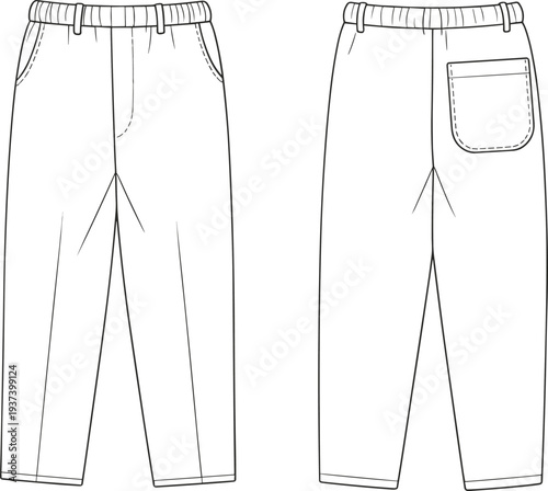 Flat vector CAD drawing of elastic waistband pants with belt loops, front side pockets, back pocket, tapered leg, front and back view