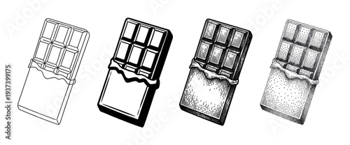 Set of four chocolate bars illustrated in different monochrome graphic styles including line art, solid black, engraving, and stippling for a vintage, hand-drawn concept