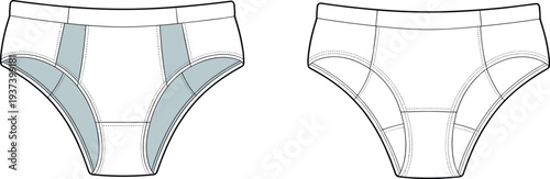 Flat vector CAD drawing of women’s bikini cut briefs underwear with panel seams, elastic waistband, front and back technical illustration