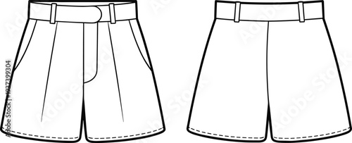 Flat vector CAD illustration of pleated front shorts with waistband, belt loops, side pockets, technical sketch front and back view