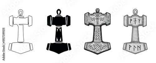 Set of four Mjolnir hammer illustrations in various artistic styles including continuous line art, black silhouette, detailed engraving with knotwork, and stippled dotwork with runes