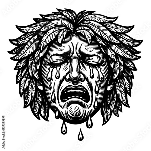 Dramatic woodcut of crying face with leaf-hair, tears, a tragic mask conveying deep sorrow and despair through vintage engraving artistry, perfect for poignant themes, classic art, and expressive desi