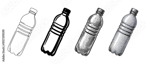Four plastic water bottle illustrations in different artistic styles including line art, silhouette, engraving, and stippling, showing a collection of hand-drawn vector icons