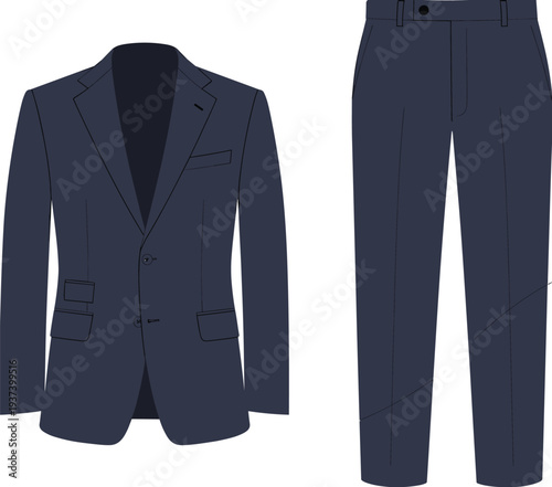 Flat vector CAD drawing of men's formal blazer and trousers set, front technical fashion illustration, classic tailored suit design