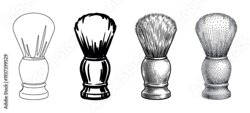 Set of four shaving brushes illustrated in different black and white artistic styles, including simple line art, bold ink, classic engraving, and dotwork stippling