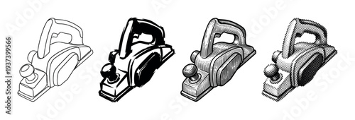 Electric hand planer woodworking tool illustration set in four different black and white graphic styles, including line art, high contrast silhouette, engraving, and halftone dot pattern