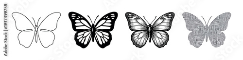 Set of four black butterfly illustrations showing different artistic styles including minimalist line art, a bold silhouette, a detailed vintage engraving, and a dotted pattern