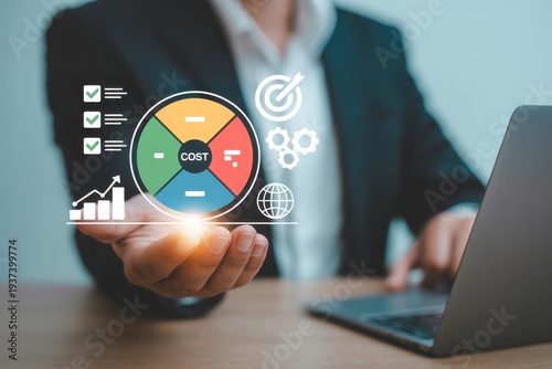 Business analyst optimizing project cost and performance with digital dashboard