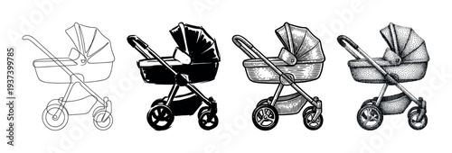 Four baby pram illustrations in different artistic styles, including minimalist line art, a bold black silhouette, vintage engraving, and modern stippling design elements
