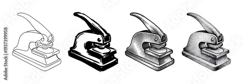 Four hand-drawn desktop embosser seal press illustrations in various artistic styles, including continuous line art, ink brush, vintage engraving, and stippling for official documents