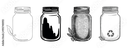 Collection of four glass canning jars illustrated in various artistic styles including line art, silhouette, engraving, and stippling, representing sustainable and eco-friendly concepts