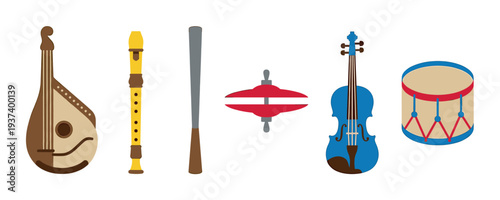 Collection of colorful folk musical instruments including a bandura, flute, violin, drum, and cymbals in a flat vector illustration style for orchestra or band concepts