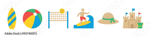 Colorful set of summer beach activity icons including a surfboard, ball, volleyball net, surfer, sun hat, and sandcastle in a minimalist flat graphic design illustration