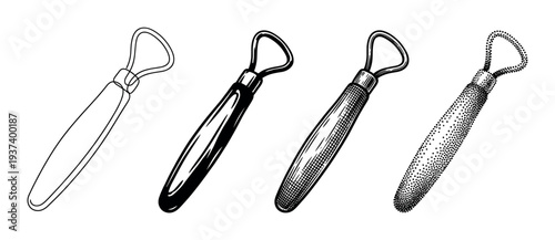Set of four pottery loop tools for sculpting clay, illustrated in various artistic styles including line art, hatching, stippling, and a high-contrast graphic design