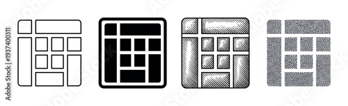 Set of four calculator icons presented in different graphic styles including simple outline, solid glyph, hand-drawn engraving, and stippled dotwork for mathematical concepts