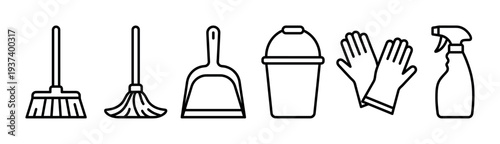 Set of black line icons showing various cleaning supplies including a broom, mop, dustpan, bucket, gloves, and spray bottle for household chores and maintenance tasks