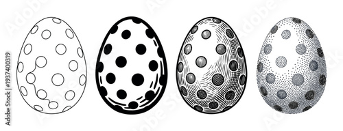 Four black and white Easter eggs with polka dot patterns shown in a progression of artistic styles from simple outline to detailed engraving and stippling