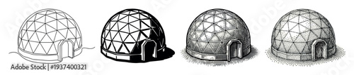 Set of four geodesic dome illustrations showing the structure in various artistic styles including line art, graphic silhouette, vintage engraving, and detailed stippling