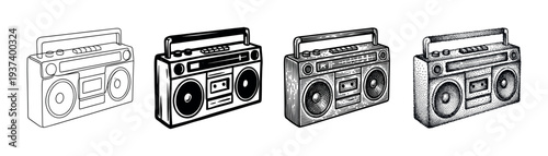 Set of four vintage boombox illustrations in different hand-drawn artistic styles like outline, solid black, engraving, and stippling for a retro music concept