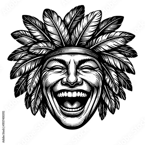 Hearty Laughter & Feathered Headdress: Striking black and white woodcut of a person in a traditional feathered headdress, eyes closed, mouth wide open in joyful laughter. Captures happiness, cultural