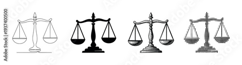 Set of four scales of justice icons presented in various artistic styles including continuous line art, solid silhouette, detailed engraving, and modern halftone dot pattern