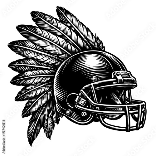 Vintage Engraved American Football Helmet adorned with a powerful feather headdress, symbolizing warrior strength and gridiron tenacity. This classic black & white illustration is ideal for sports bra
