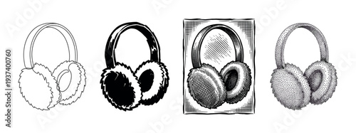 Set of four black and white earmuff illustrations showcasing different artistic styles including detailed engraving, stippling, simple line art, and a bold silhouette
