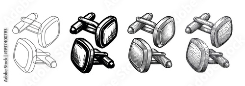 Four pairs of vintage style cufflinks illustrated in different graphic techniques from line art to stippling, showing a collection of classic men's fashion accessories in a retro hand-drawn style