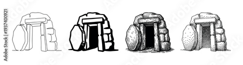Set of four ancient dolmen illustrations in different artistic styles including line art, solid black, engraving, and stippling, showing a prehistoric megalithic stone tomb
