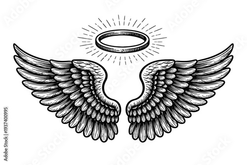 Divine Angel Wings and Holy Halo Illustration - Detailed Black and White Vintage Engraving Style Vector Art for Spiritual, Sacred, and Heavenly Designs, Perfect for Tattoos, Emblems, and Religious Pro