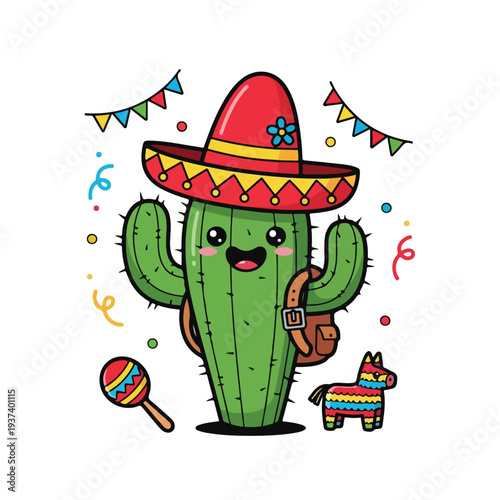 A cartoon cactus wearing a sombrero and backpack with a maraca and piñata against a clean white background, conveying a cute and festive mood with vibrant colors.