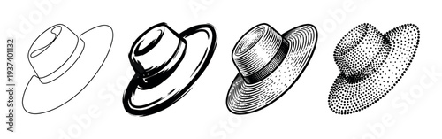 Four black and white hat illustrations in a set showing different artistic techniques from simple line art and brush strokes to detailed engraving and stippling