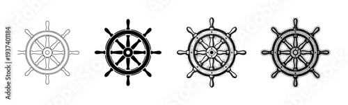 Set of four nautical ship's wheels illustrated in various artistic styles including line art, silhouette, engraving, and stipple dotwork for a vintage maritime theme