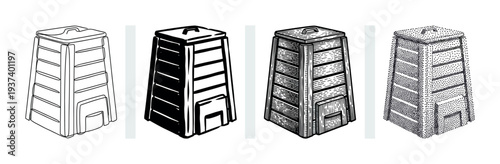 Four compost bin illustrations in various graphic styles including line art, hatching, stippling, and solid black for gardening and recycling concepts