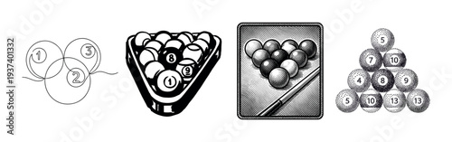 Four black and white billiard illustrations in diverse graphic styles including line art, engraving, and stippling, showing pool balls racked in a triangle and a Venn diagram