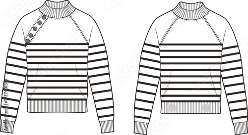 Flat vector CAD drawing of striped crewneck sweater with button shoulder detail, ribbed cuffs and hem, front and back technical sketch