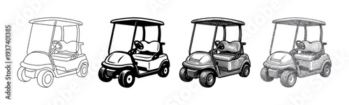 Four golf cart vector illustrations in different artistic styles including line art, graphic, engraving, and stippling, showing a progression of detail and technique