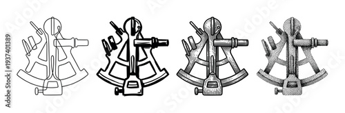 Vintage sextant navigational instrument collection shown in four different black and white illustration techniques including continuous line, bold ink, engraving, and stippling