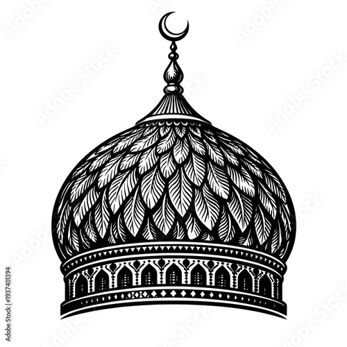 Black and white vector illustration of an ornate Islamic mosque dome with intricate patterns and a crescent moon finial. It embodies traditional architecture, cultural heritage, and spiritual symbolis