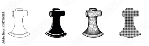 Set of four ancient axe head illustrations in different graphic styles including outline, silhouette, engraving, and dotted halftone pattern for a historical or weapon concept