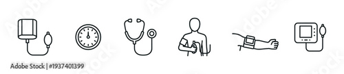 Set of blood pressure measurement icons showing a sphygmomanometer, stethoscope, and digital monitor in a clean minimalist line art style for medical concepts
