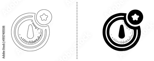 Performance Speedometer Gauge With Star Badge Icon Set, Rating Score Meter Symbol, Efficiency Dashboard Outline and Solid Glyph Vector, Speed Test Indicator UI Sign