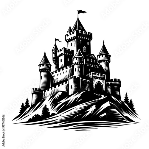 Majestic medieval castle on a hill, a bold black and white vector illustration featuring towering turrets, fortified walls, and a grand entrance, ideal for historical themes, fantasy designs, logos, g