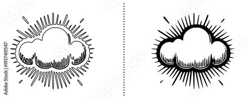 Cloud With Sun Rays Icon Set, Weather Forecast Symbol, Sunny Cloud Outline and Solid Glyph Vector, Climate Meteorology Sign, Minimal Weather App UI Icon, Forecast Graphic 