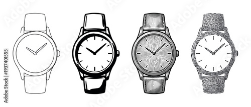 Four classic analog wristwatches in a set showing different illustration styles, from simple line art and silhouette to detailed engraving and stippling for a graphic design concept