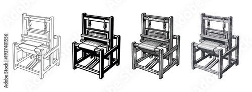 Collection of four vintage weaving loom illustrations rendered in line art, solid black, detailed engraving, and halftone dot styles, representing historical textile crafting